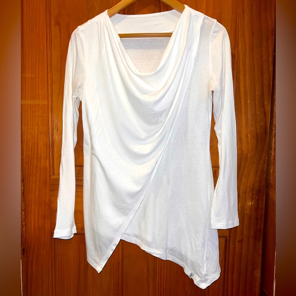 Cream, white asymmetrical faux-wrap, swing top